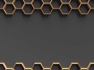 Wooden hexagon pattern with dark background template for presentation, 3D rendering 
