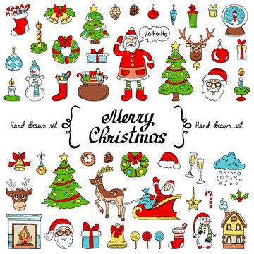 Vector set with hand drawn isolated colored doodles on the  theme of Merry Christmas, Happy New Year on white color