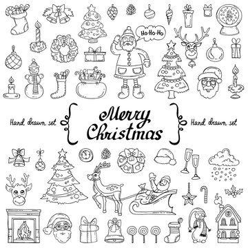 Vector set with hand drawn isolated doodles on the  theme of Merry Christmas, Happy New Year on white color