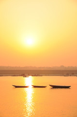 Sunsire over the sacred Ganges river in Varanasi, Uttar Pradesh, India
