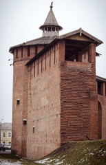 Kolomna Kremlin fragment impregnable fortress wall brickwork turret autumn 