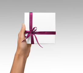 Isolated Woman Hands holding Holiday Present White Box with Pink Ribbon on a White Background