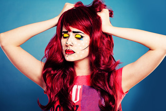 Sad Woman with Comic Pop Art Makeup