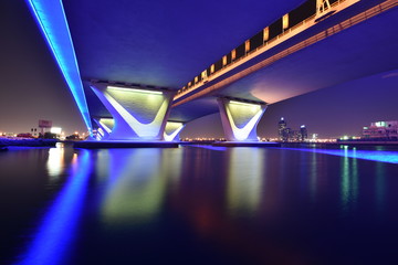 Garhoud Bridge from base at night with long exposure, Dubai, UAE