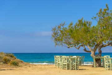 Traditional greek tavern by the sea in Naxos, Cyclades. Summer i
