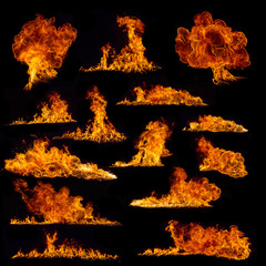 Fire flames collection on black background