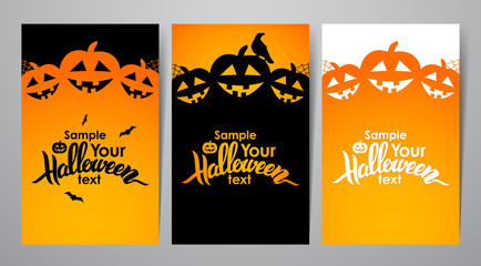 Vector illustration: Three vertical abstract template design layout of poster or flyer with Handwritten lettering of Halloween, pumpkins, raven and space for text.