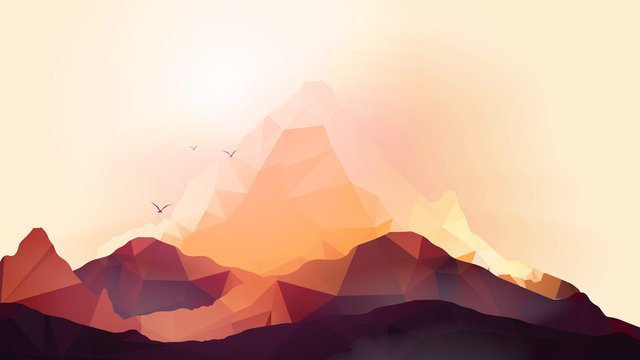 Geometric Mountain and Sunset Background - Vector Illustration