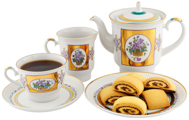 Tea cup, teapot, cream-jug and biscuits