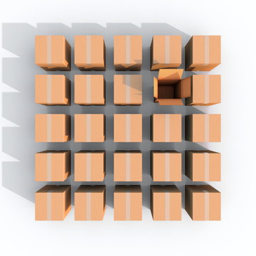 3d illustration rendering of multiple brown closed boxes square grid with an opened one