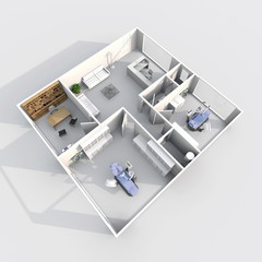 3d interior rendering perspective view of furnished dental clinic