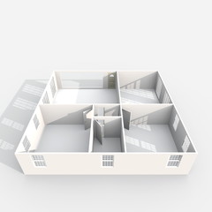 3d interior rendering of empty paper model home apartment: room, bathroom, bedroom, kitchen, living-room, hall, entrance, door, window