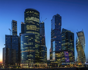 Fototapeta na wymiar Moscow-city at evening (Moscow International Business Center) against the backdrop of the sunset sky, Moscow, Russia.
