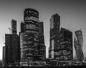 Moscow-city at evening (Moscow International Business Center) against the backdrop of the sunset sky in black and white, Moscow, Russia.