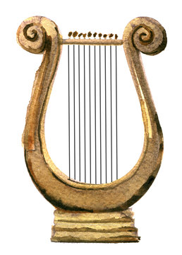 watercolor sketch of harp on white background