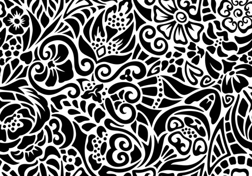 Black and white seamless floral pattern of pieces.