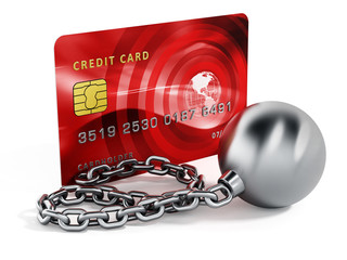 Ball and chain connected to credit card. 3d illustration
