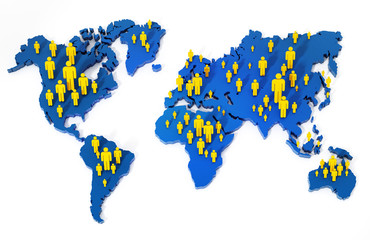 Stick figures standing on world map. 3d illustration