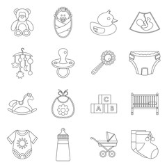 Newborn icons set in outline style. Baby toys, feeding and care set collection vector illustration