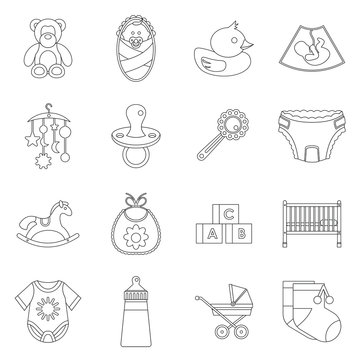 Newborn icons set in outline style. Baby toys, feeding and care set collection vector illustration
