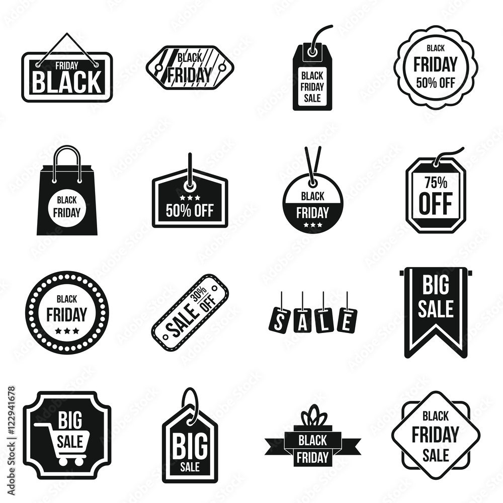 Poster black friday icons set in simple style. black friday labels and badges set collection vector illustr