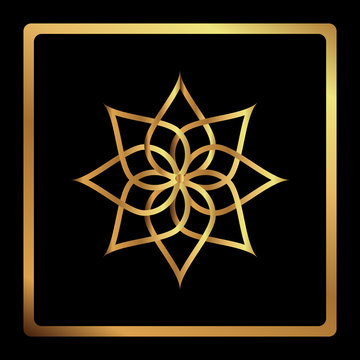Circular pattern. Geometric icon. Seven pointed gold star on black background. Modern style. Vector illustration. Simple symbol. Mandala. Logo. Fashion graphic design. Smooth shape.