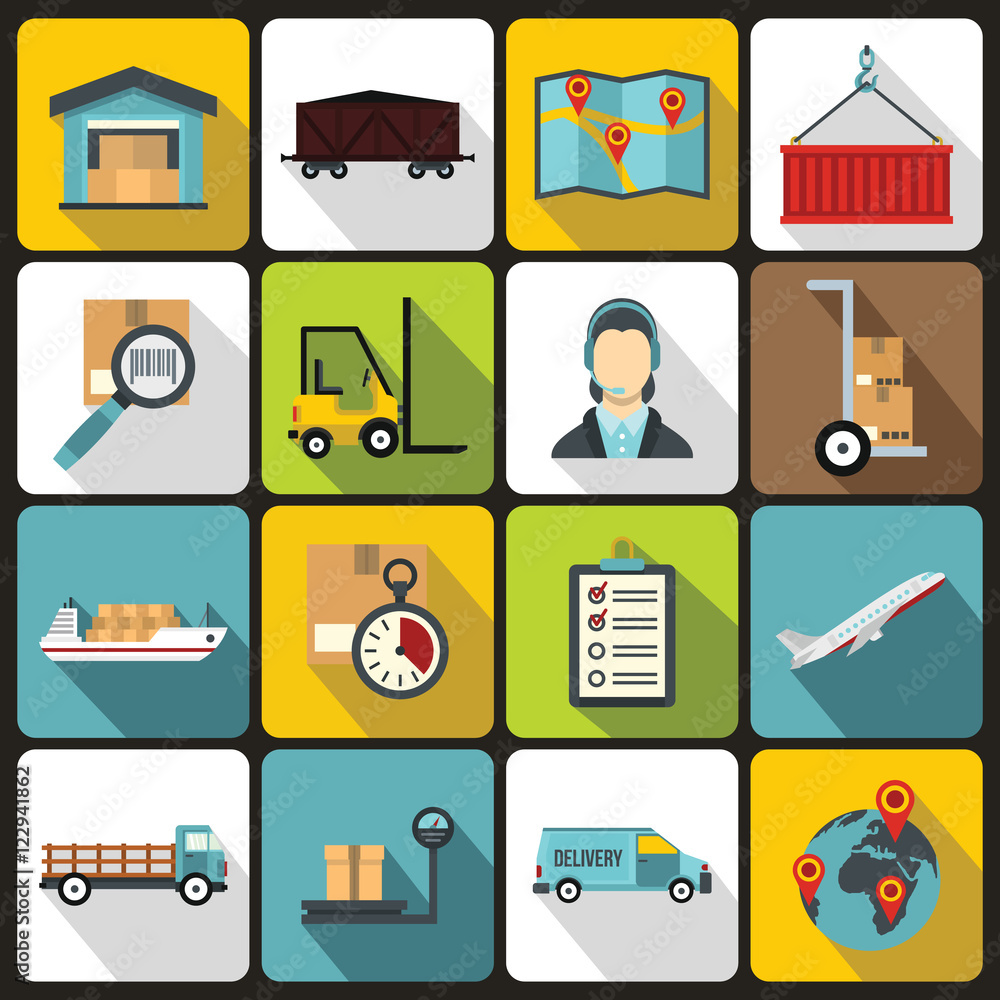 Poster logistic icons set in flat style. warehouse and storage set collection vector illustration