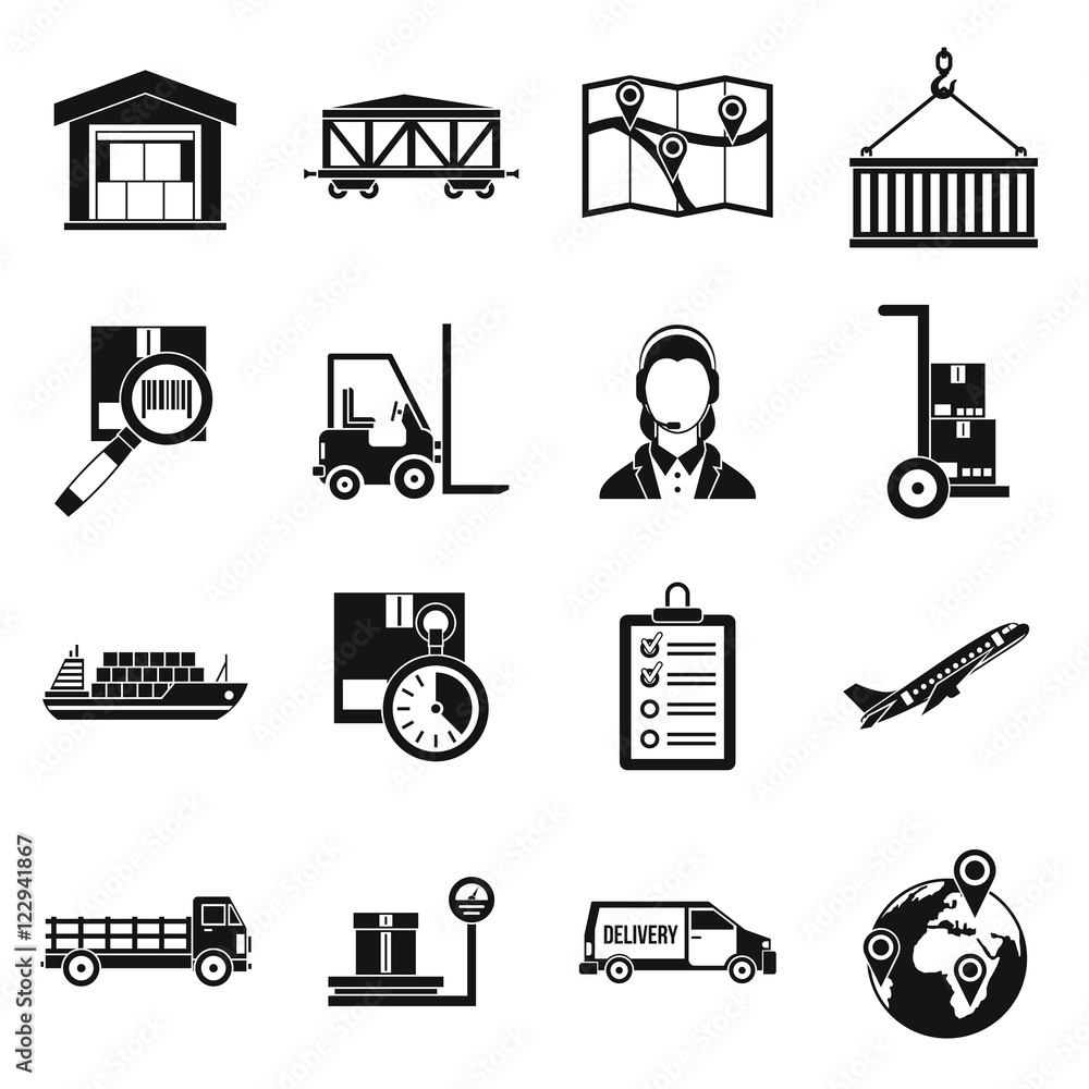 Poster logistic icons set in simple style. warehouse and storage set collection vector illustration