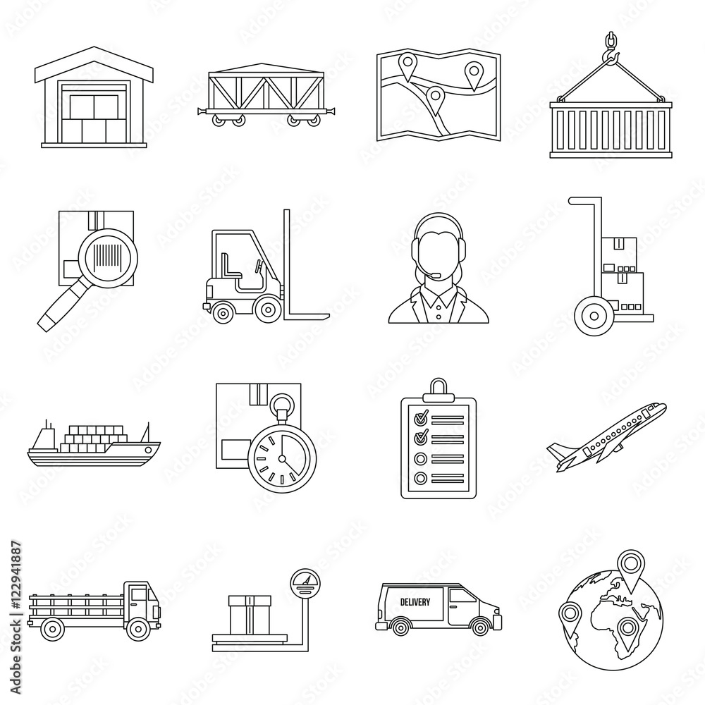 Poster logistic icons set in outline style. warehouse and storage set collection vector illustration