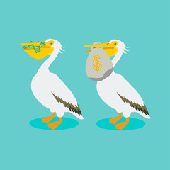 White pelican holding in its beak cash, money bag. Talisman of wealth. The bird brings and protects money.