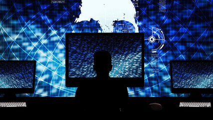 Silhouette of a hacker, Abstract blue light background - 122942808