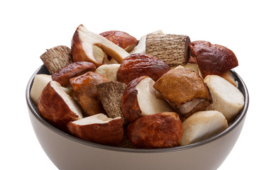 Mix of mushrooms in the white bowl