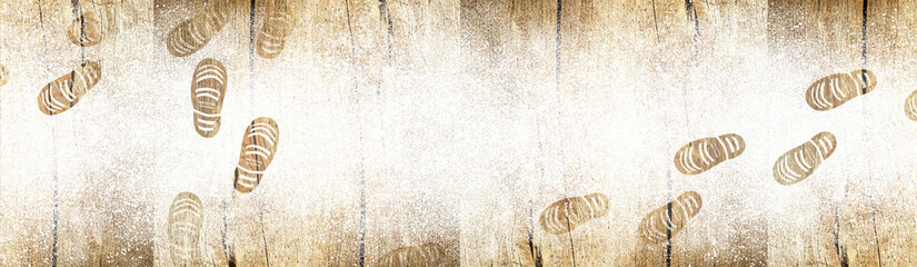 Winterzeit Panorama Hintergrund Banner Holz mit Neuschnee und Fußstapfen