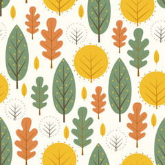 Autumn leaves seamless pattern on white background. Decorative trees vector illustration. Cute forest background. Scandinavian style design for textile, wallpaper, fabric, decor.