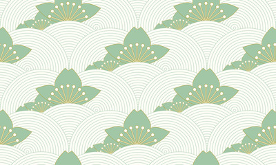 stylized lotus pond seamless pattern in ivory and green shades - 122945619