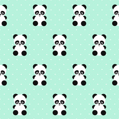 Panda seamless pattern on polka dots green background. Cute design for print on baby's clothes, textile, wallpaper, fabric. Vector background with smiling baby animal panda. Child style illustration.