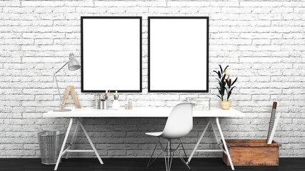Workshop Interior Mock Up With 2 Frames, Home studio, Contemporary, White Bricks Wall, Modern Furniture, 3D rendering