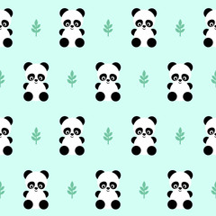 Panda with leaf seamless pattern on green background. Cute design for print on baby's clothes, textile, wallpaper, fabric. Vector background with smiling baby animal panda. Child style illustration.