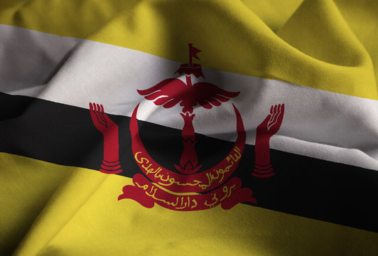 Closeup of Ruffled Brunei Flag, Brunei Flag Blowing in Wind