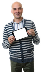 casual man presenting somenhing on blank digital tablet