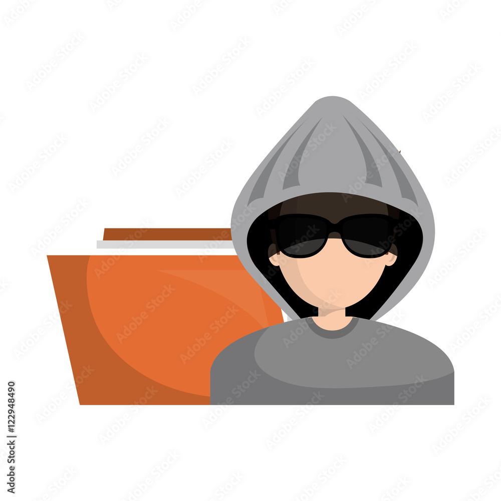 Poster avatar man hacker and document folder icon. vector illustration