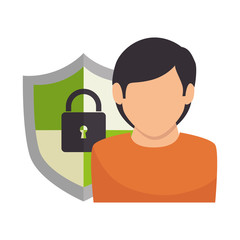 avatar man person and security shield with padlock icon inside. vector illustration