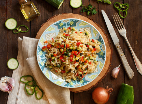 Risotto with vegetables top view