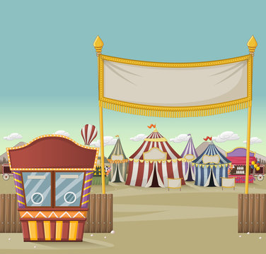 Ticket booth on the entrance of a retro cartoon circus with tents. Vintage carnival background.