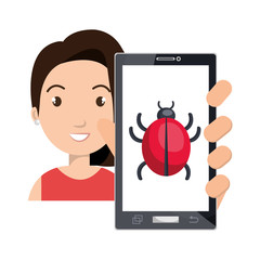 avatar woman smiling holding a smartphone device with cyber virus icon on screen. vector illustration