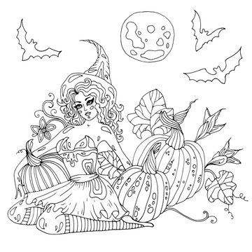 Halloween coloring set with beautiful witch - Stock