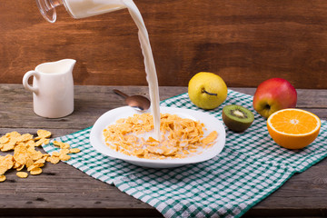 Breakfast: flakes in a plate, milk in a jug