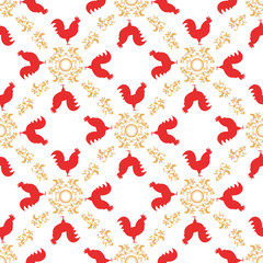 Colorful seamless pattern with red roosters. Symbol of 2017 year. Red rooster texture with gold floral ornament. Chinese New Year of the Rooster. Oriental happy new year illustration.