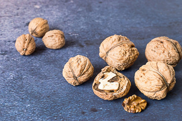  Walnuts, giant and ordinary.  Walnuts, giant and ordinary, on a blue background.