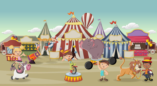 Cartoon characters and animals in front of retro circus with tents. Vintage carnival background with children.
